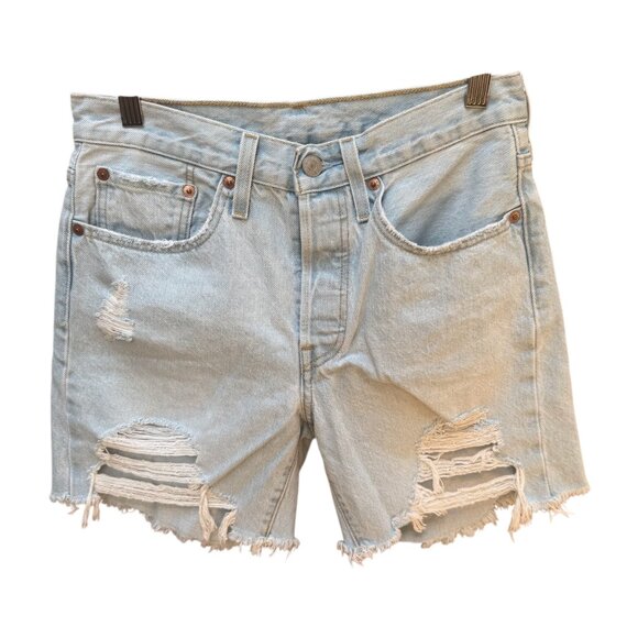 Levis 501 Shorts‎ Light Wash Distressed High-Waisted Denim Y2K Style W26 - Picture 1 of 7